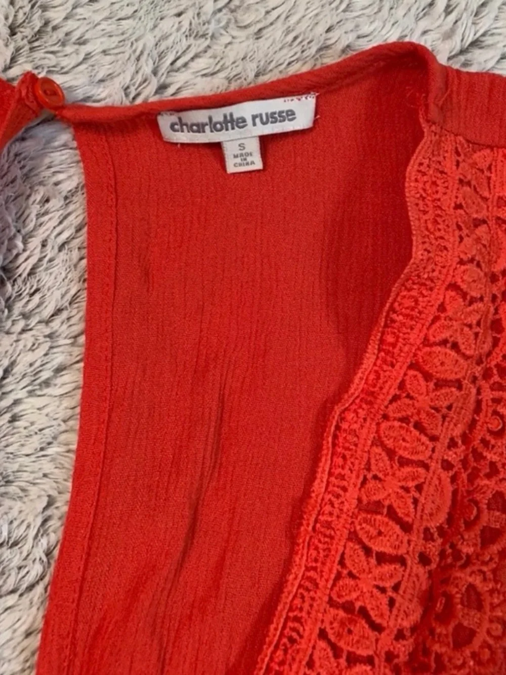 Charlotte Russe Coral-Red Crochet Trim Romper - Picture 3 of 4